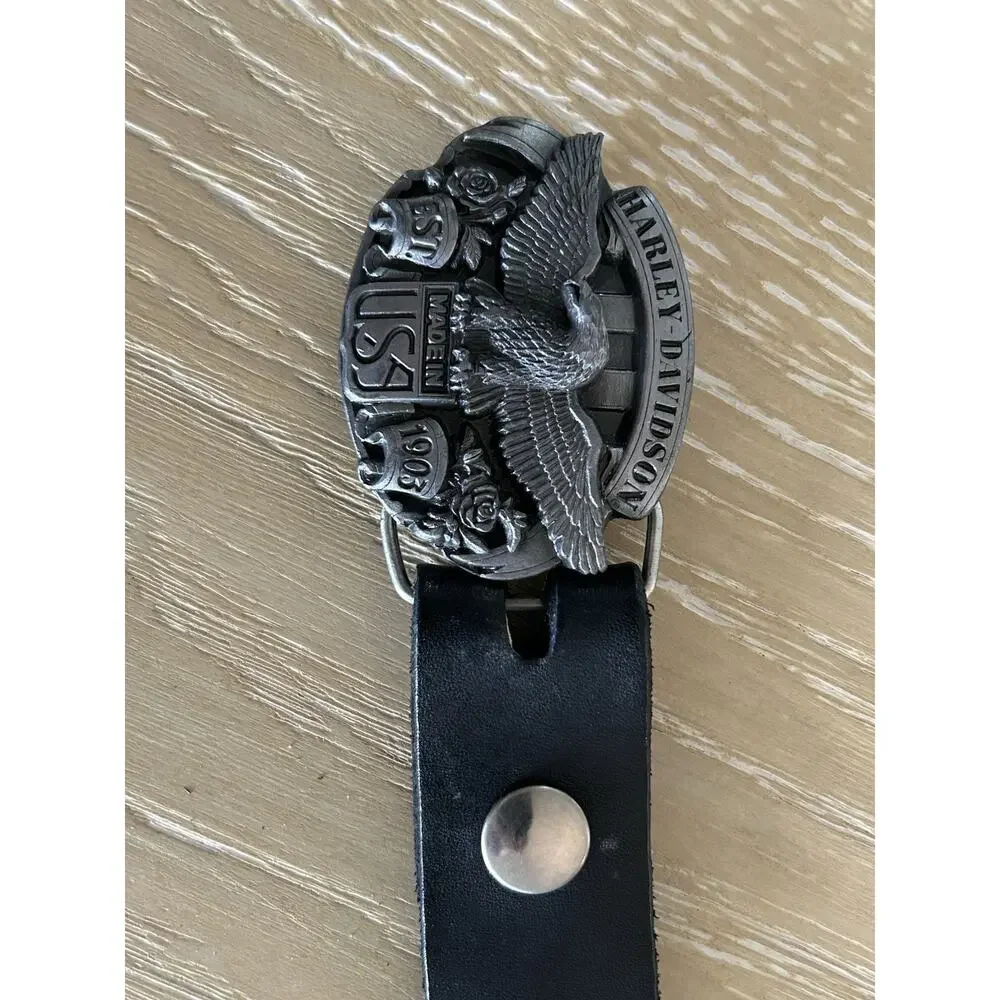 VTG 1989 Harley-Davidson Eagle Roses Belt Buckle Black Leather Sz 26 Heart Studs